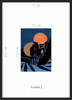 Tirage d’art encadré (format vertical) : personnage noir et soleil orange sur fond bleu