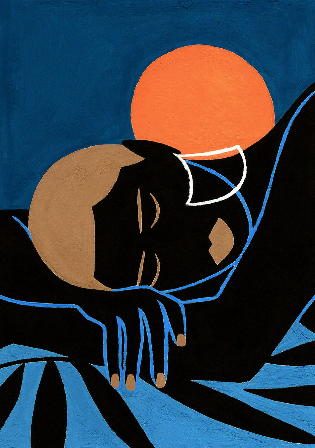 Affiche d’art avec personnage noir, soleil orange et formes bleues sur fond bleu