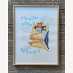 Affiche encadrée illustrée de sardines, typographie turquoise et cadre fin beige