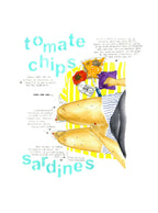 Affiche encadrée, illustration de sardines dorées et typographie turquoise sur fond clair