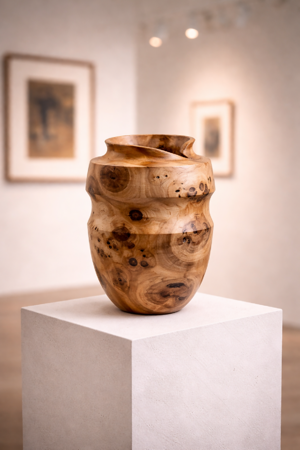 Vase en bois sculpté, col évasé, motifs organiques et taches sombres.