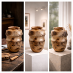 Vase en bois sculpté, col évasé, taches foncées, vue latérale et trois-quarts.