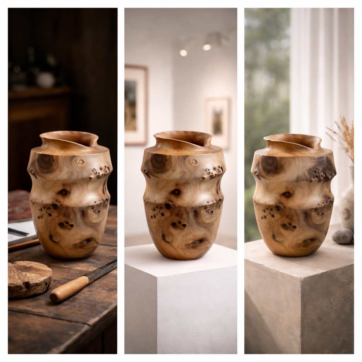 Vase en bois sculpté, col évasé, taches foncées, vue latérale et trois-quarts.