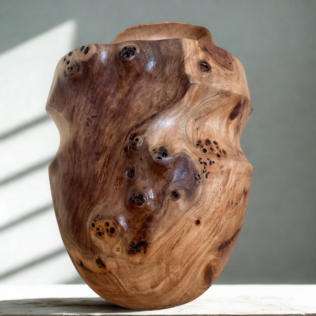 Vase en bois sculpté couleur miel, surface texturée avec taches sombres, vue de face.