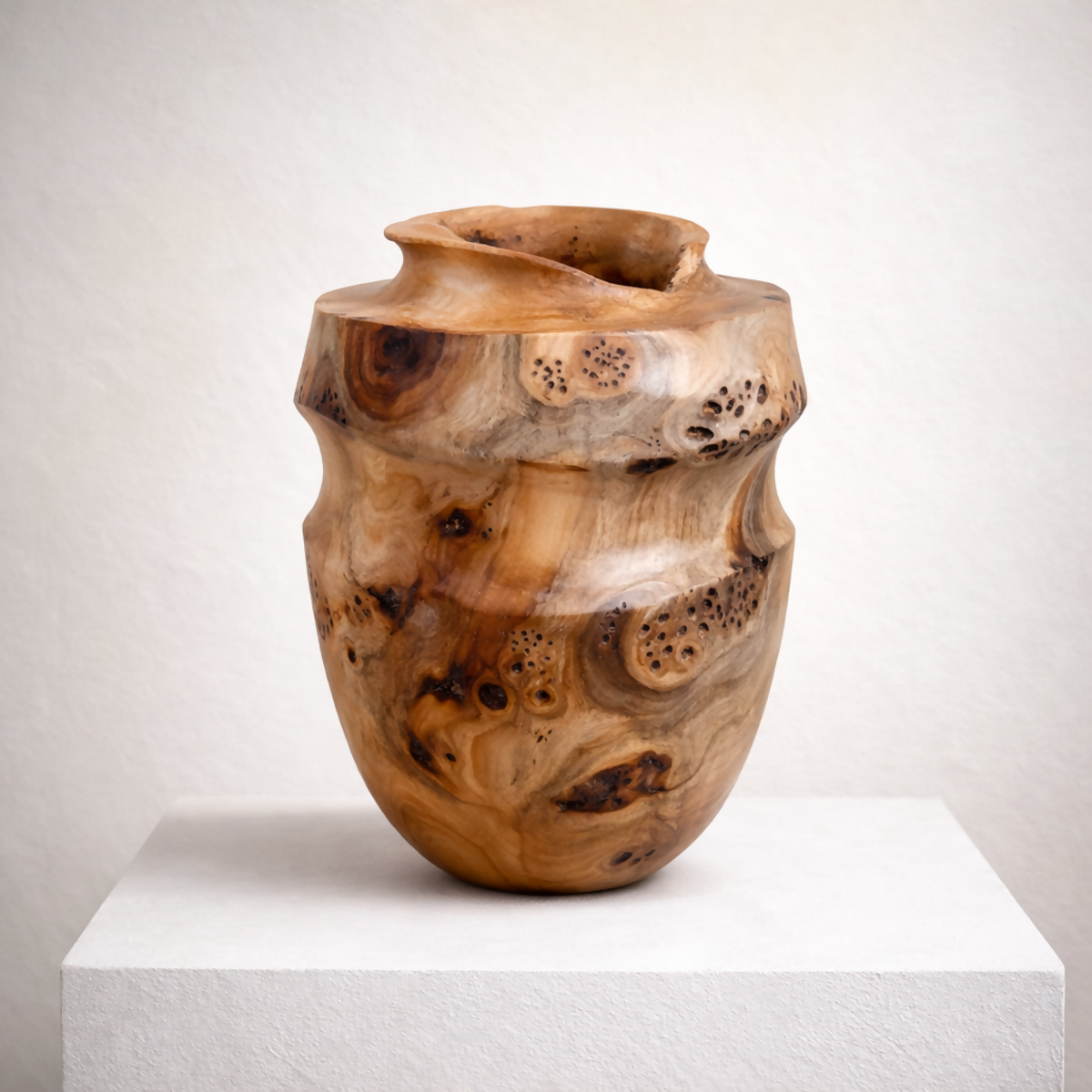 Vase en bois sculpté couleur miel, ouverture arrondie, surface mouchetée de noir.