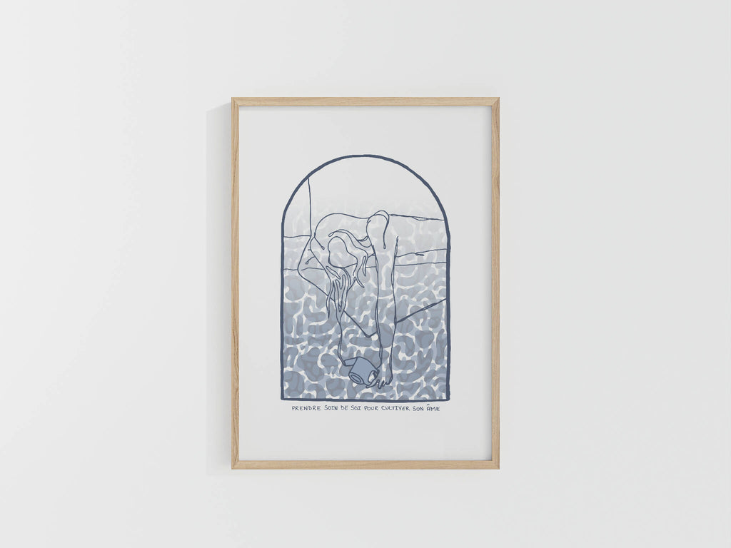 Affiche A4 encadrée, illustration bleue en arche avec scène paysagère