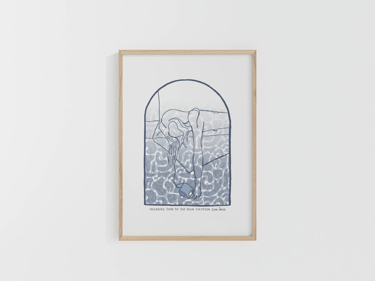 Affiche A4 encadrée, illustration bleue en arche avec scène paysagère