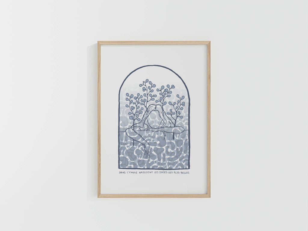 Affiche A4 encadrée, illustration bleue en arche avec arbre et fleurs