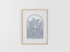 Affiche A4 encadrée, illustration bleue en arche avec arbre et fleurs