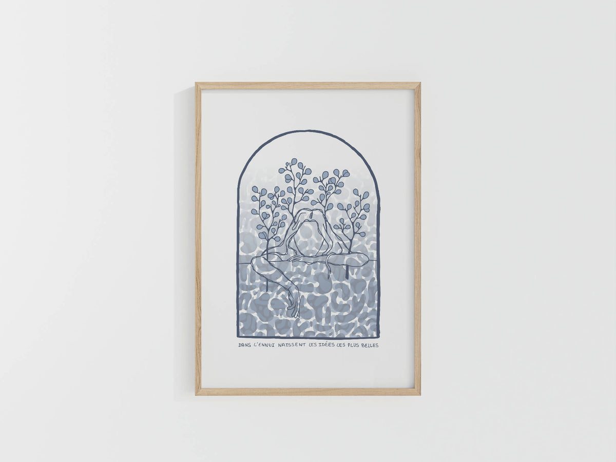 Affiche A4 encadrée, illustration bleue en arche avec arbre et fleurs