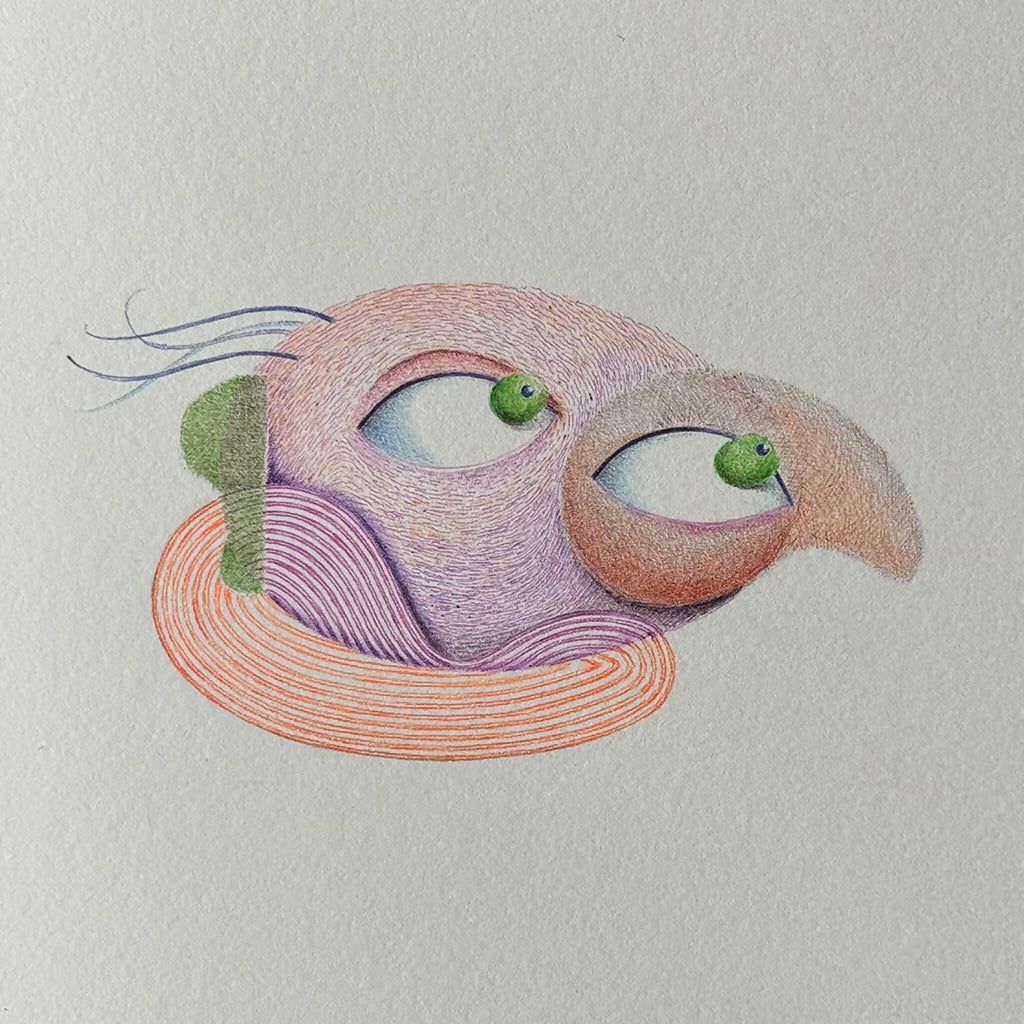 Illustration rapprochée d’un oiseau, yeux verts, traits et lignes orange