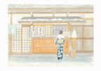Impression d’art encadrée : scène japonaise enneigée, personnage en kimono bleu