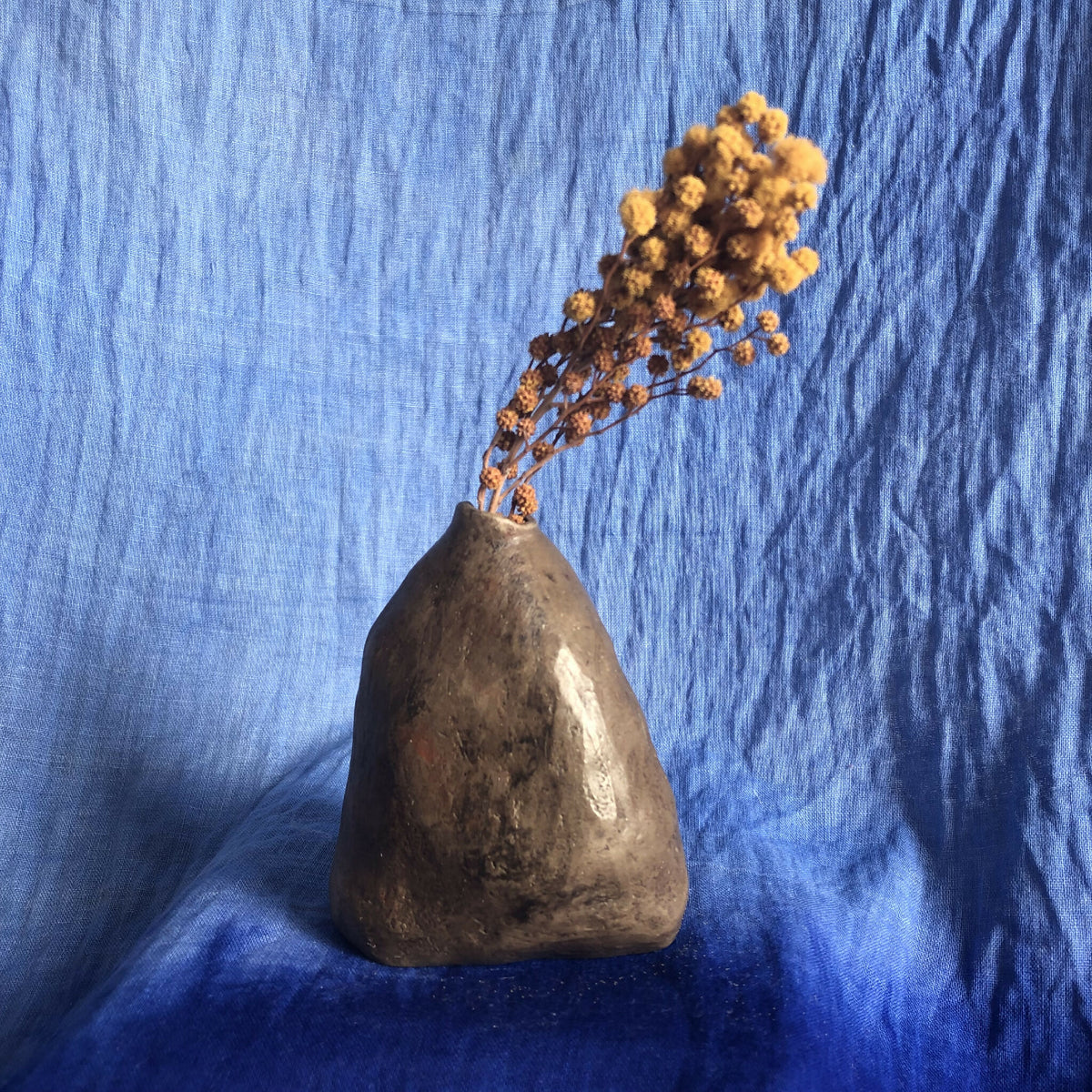 Vase à herbes sèches en céramique sombre, tige longue portant des fleurs séchées