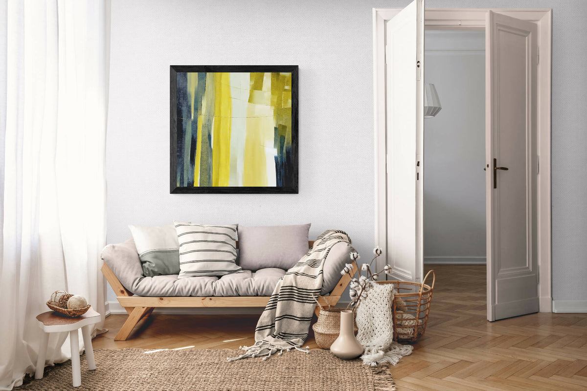 Tableau abstrait encadré au mur, motifs vert jaune et bleu foncé