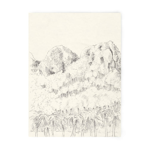 Tirage d’art numéroté et signé : paysage au crayon, palmiers et montagnes