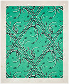 Coupon de tissu vert émeraude, motif géométrique à arabesques et bordures perlées