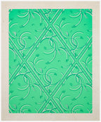 Carreau de tissu vert émeraude, motif symétrique en losanges avec arabesques