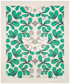 Coupon de tissu imprimé vert, motif central symétrique de feuillages et fleurs