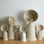 Ensemble de vases soliflores beige sur socles, bouquets de fleurs séchées.