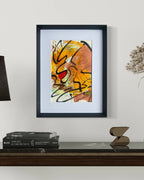 Tableau abstrait encadré, orange et jaune, traits noirs, format carré.