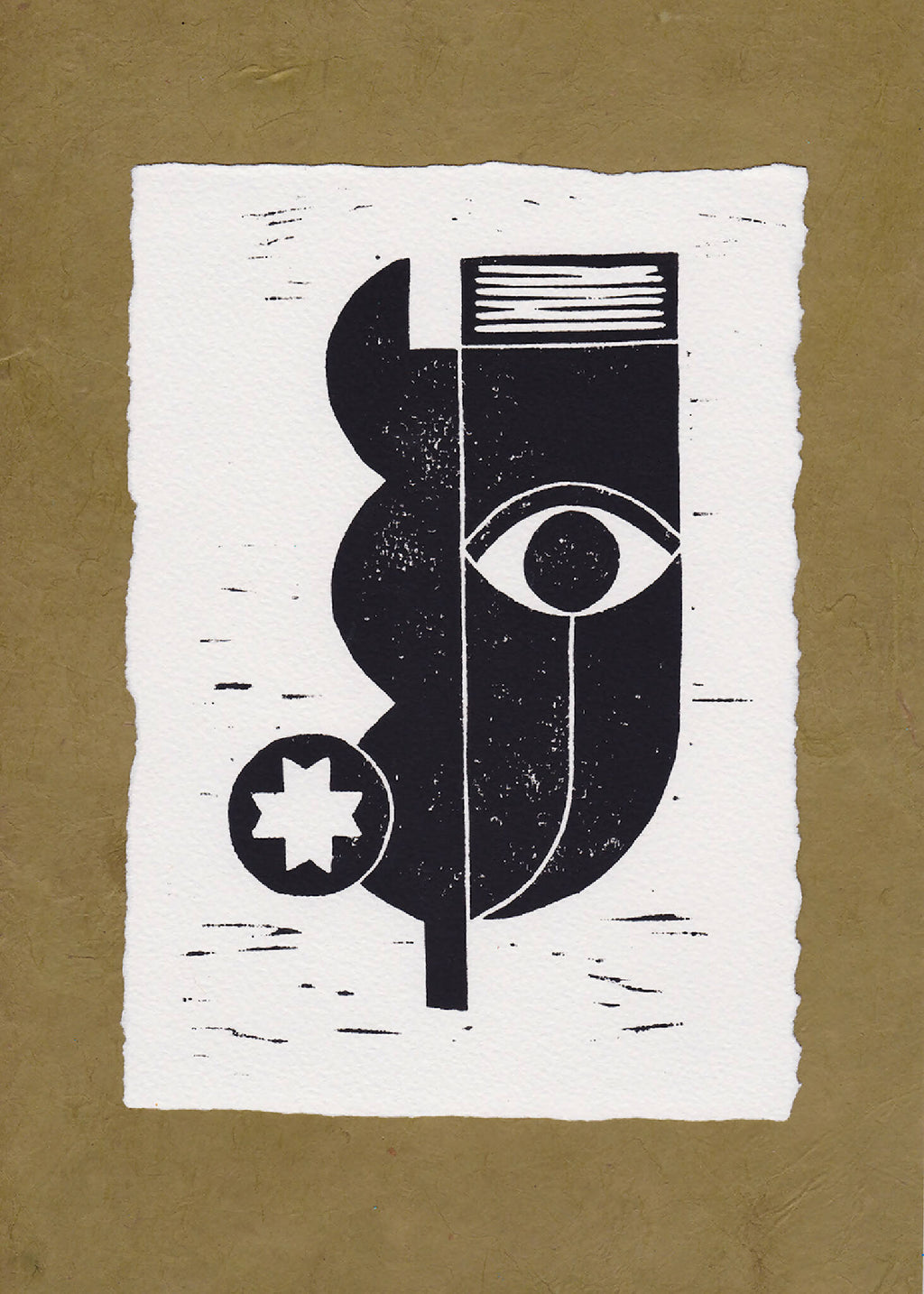 Gravure abstraite noire sur fond blanc, motif œil et formes géométriques