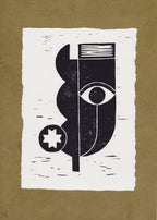Gravure abstraite noire sur fond blanc, motif œil et formes géométriques