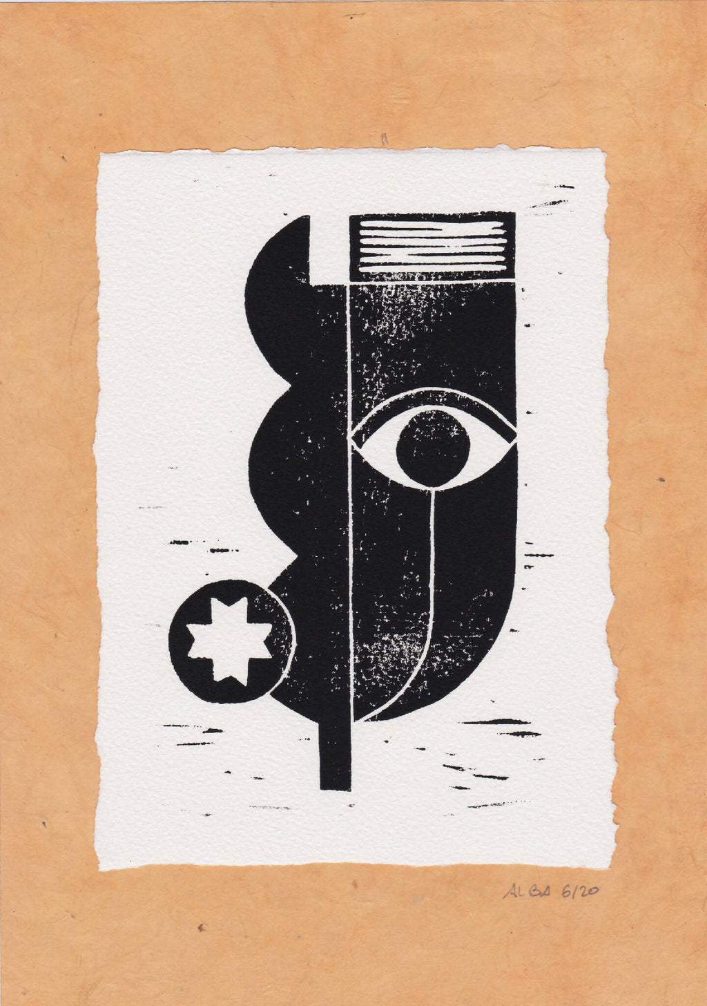 Gravure abstraite noire sur fond blanc, motif œil; signature en bas à droite