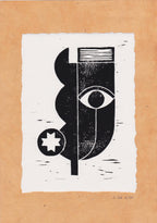 Gravure abstraite noire sur fond blanc, motif œil; signature en bas à droite