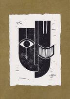 Gravure abstraite noir et blanc sur papier, motifs de visage et mains