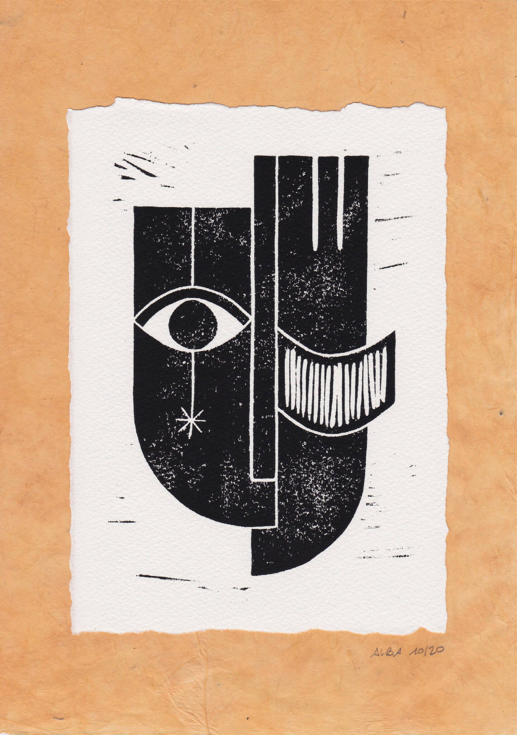 Gravure abstraite noir et blanc sur papier, visage stylisé et lignes verticales