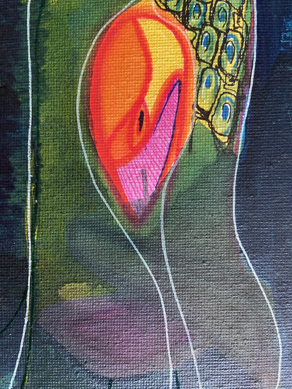 Détail du tableau : forme orange et jaune au centre, lignes blanches, fonds verts et bleus.