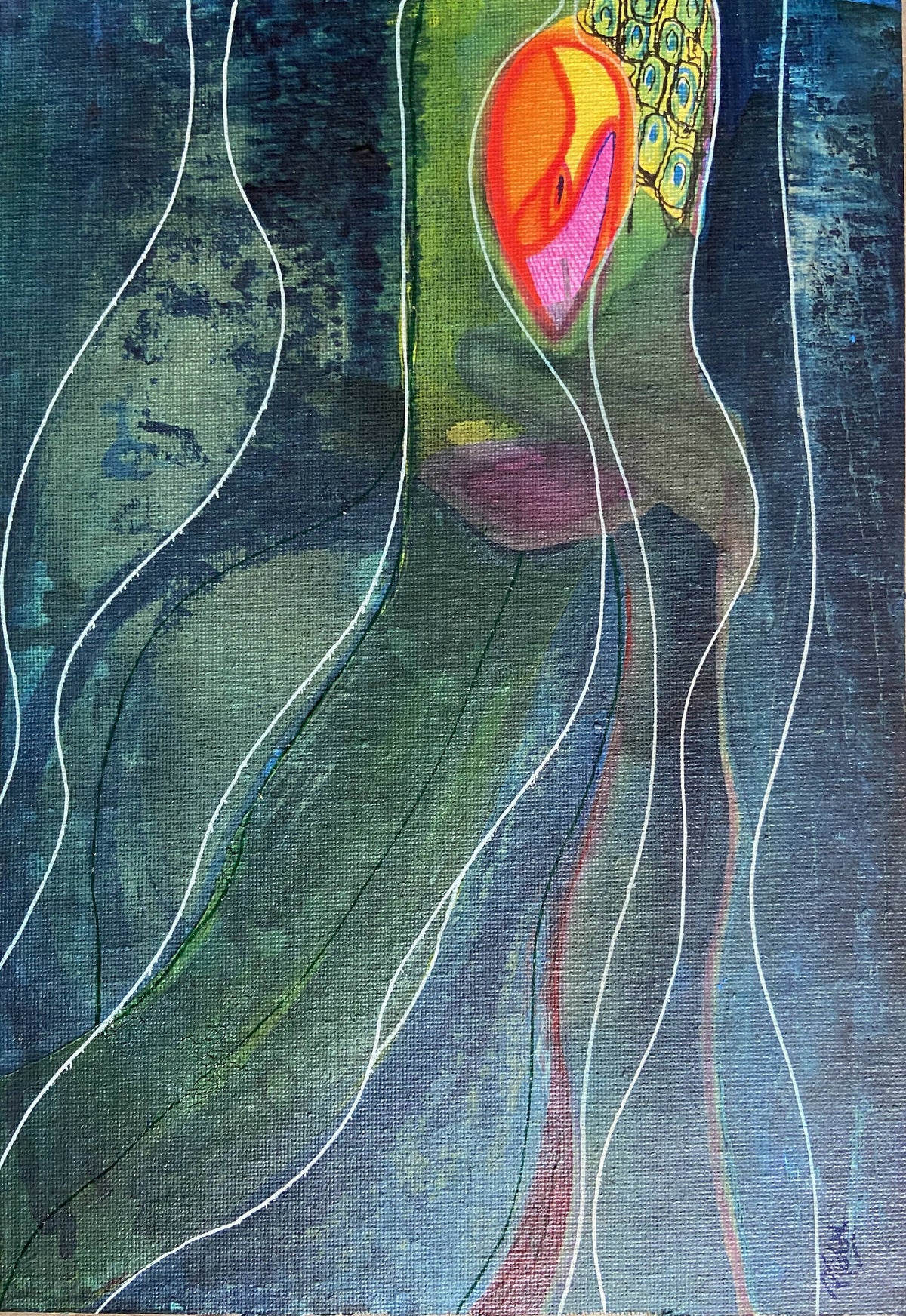 Tableau abstrait avec lignes blanches sinueuses, fond bleu-vert et motif orange en haut.