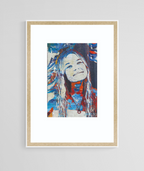 Portrait numérique Eli, portrait stylisé d’une femme, cheveux bleus et rouges, cadre