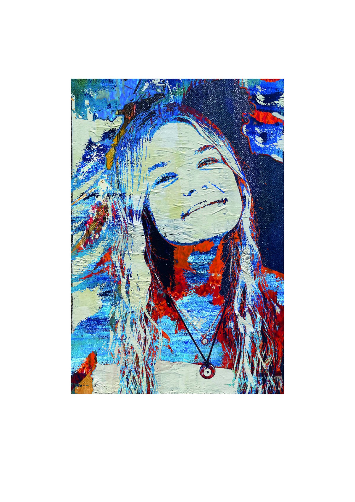 Portrait numérique Eli, gros plan du visage d’une femme, cheveux bleus, touches rouges
