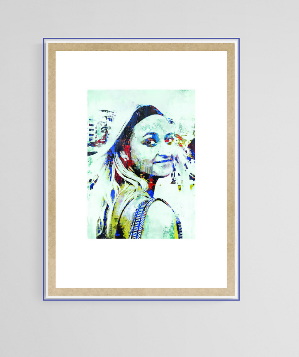 Portrait numérique de femme, impression abstraite colorée, dans un cadre rectangulaire