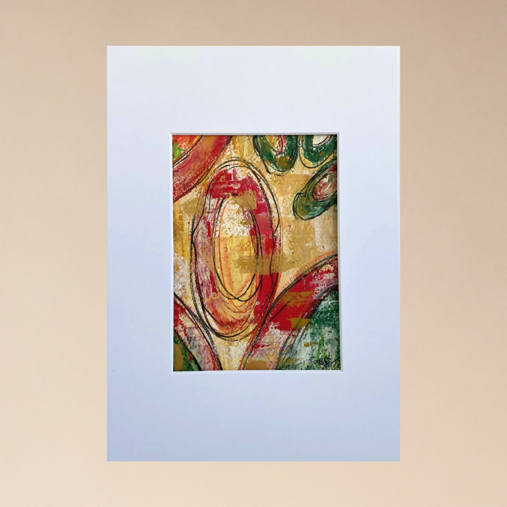 Affiche d’art abstrait sur fond blanc, motif ovale rouge avec accents verts