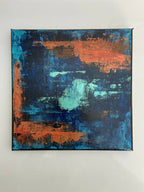 Tableau abstrait encadré, fonds bleu et orange, touches peintes texturées.