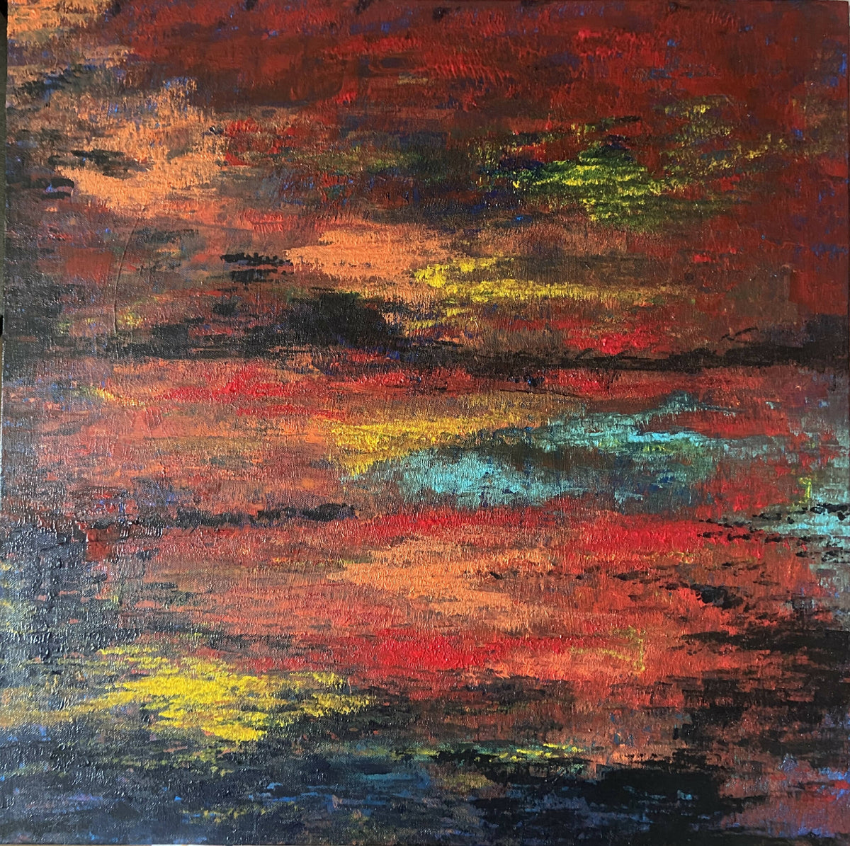 Tableau paysage abstrait rouge-orangé, jaune et touches bleues, texture peinte.